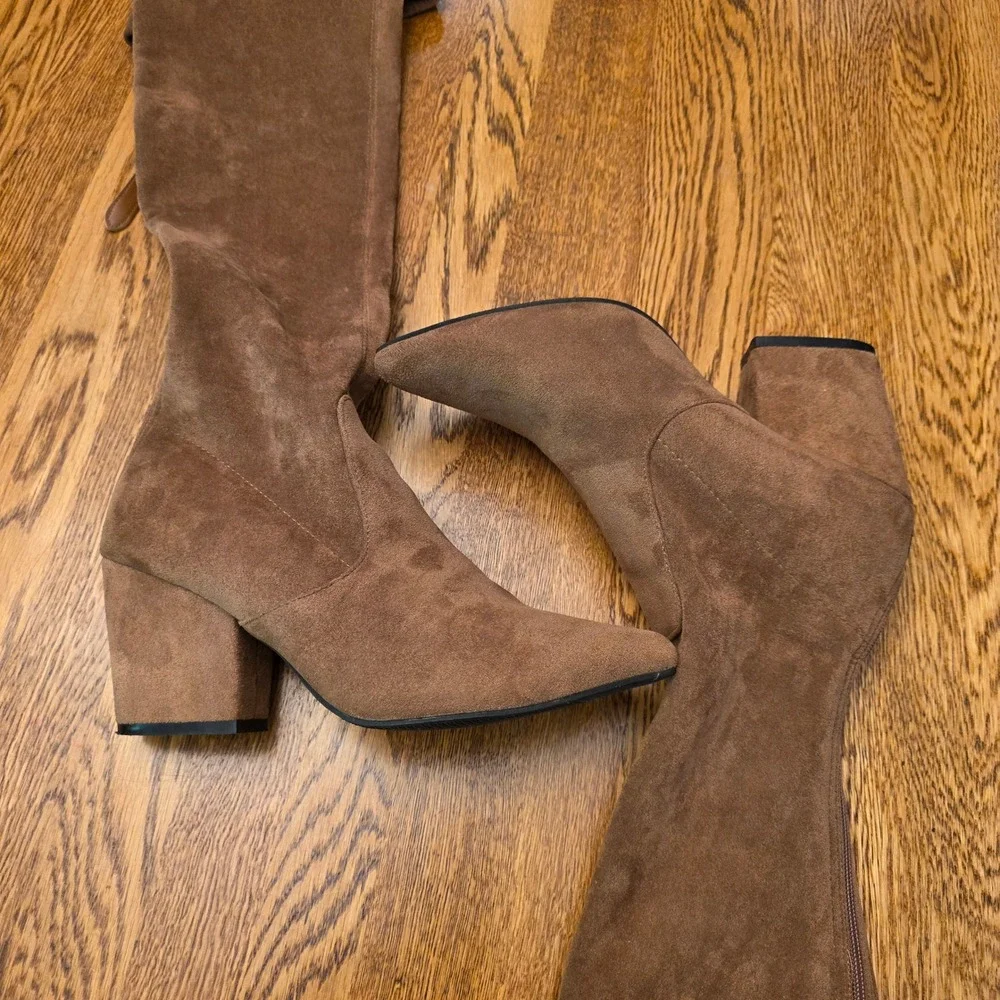 Womens Sz 40 Brown Faux Suede Over The Knee Block Heel Pointed Toe Zip Boots